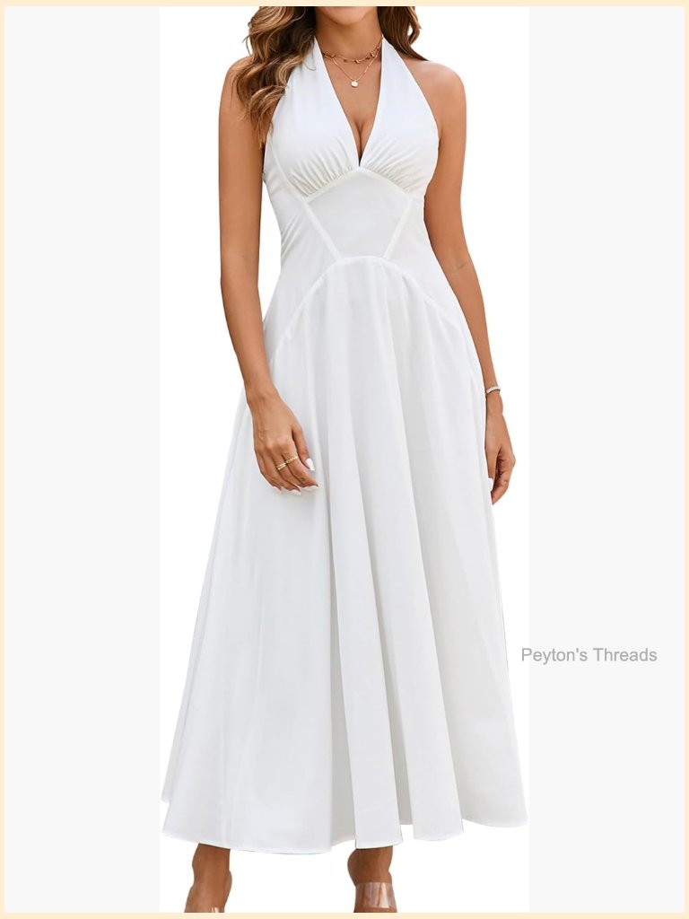 Women's Halter V-Neck Midi Dress With Smocked Back And A-Line Hem